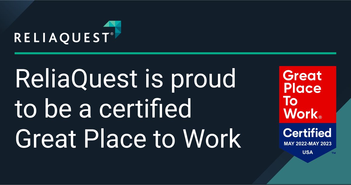 ReliaQuest's tweet photo. We’re thrilled to announce ReliaQuest is certified as a Great Place to Work by @GPTW_US! Shoutout to our team for their efforts in creating a welcoming and industry-leading workplace. 

Learn about growing your career at ReliaQuest here: https://t.co/NZ3tzBWj22 https://t.co/F1Z7cXPaoq