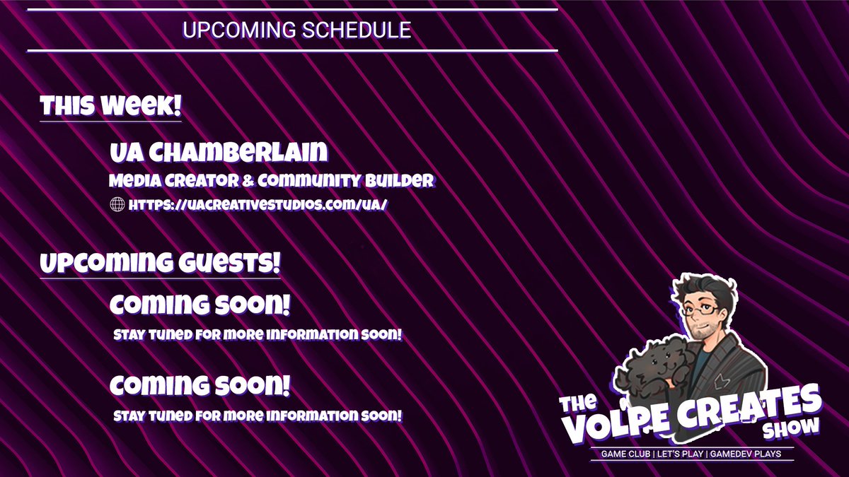My friend <a href="/UaChamberlain/">ua.chamberlain</a> will be joining us for the Volpe Creates Show tomorrow at 1pm EST on twitch.tv/volpecreates.

Come join us!