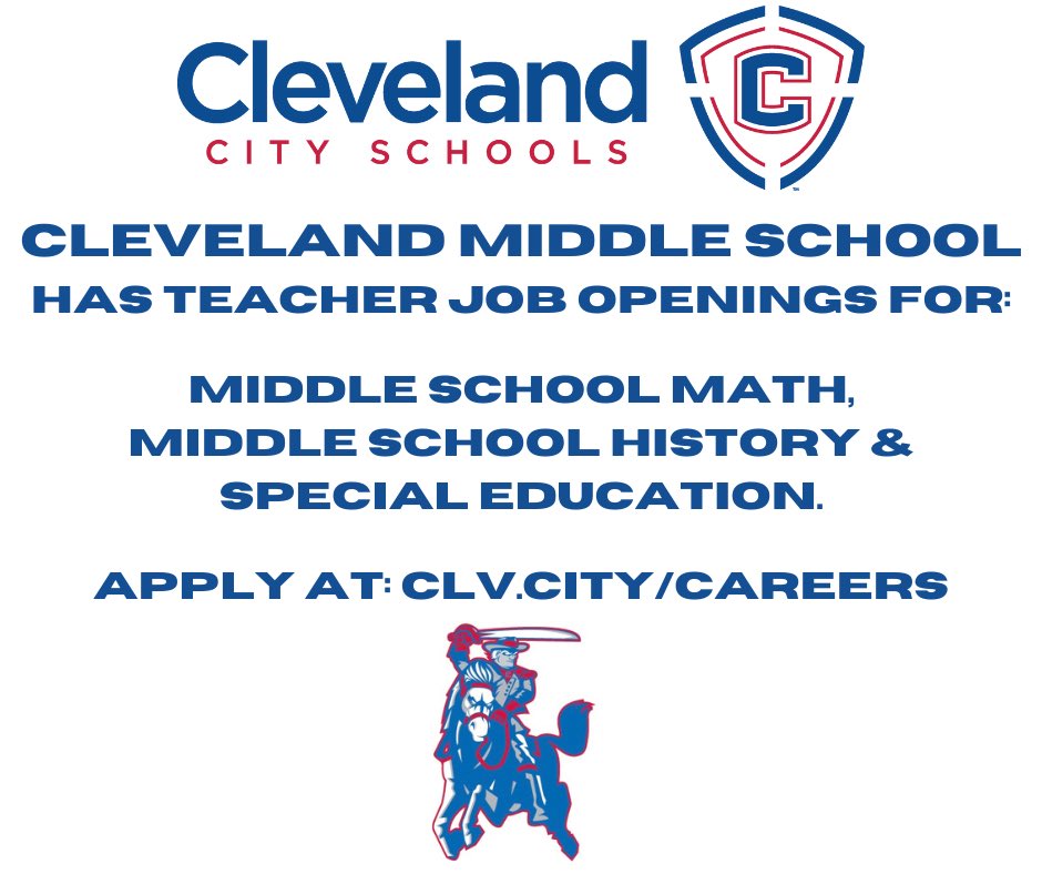 Cleveland Middle School is hiring for the 2022-2023 school year. Apply online at clv.city/careers.