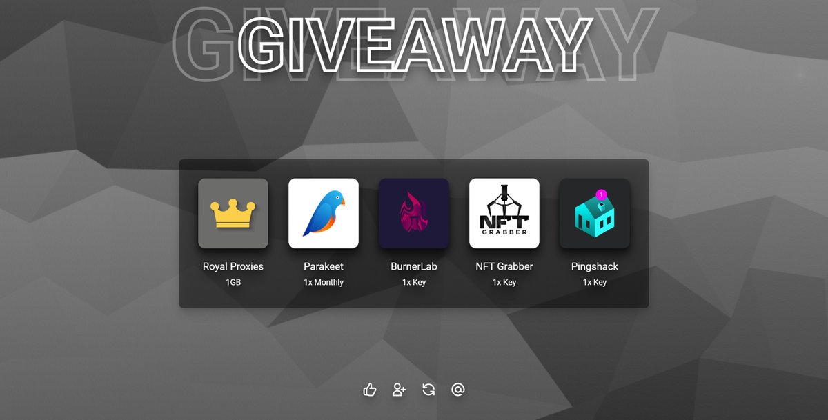 Giveaway time!🍀

1x @RoyalProxiesio proxy pack
1x @NFTGrabber_ copy
1x @ParakeetIO copy
1x @Burner_Lab copy
1x @pingshackio membership

Follow all accounts, retweet and tag 2 friends♻️

48 hours!