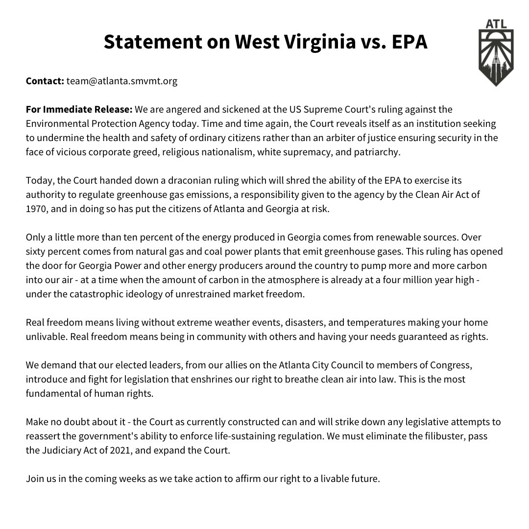 sunrisemvmtatl's tweet photo. Statement on West Virginia vs. EPA https://t.co/6ZYjFONCto