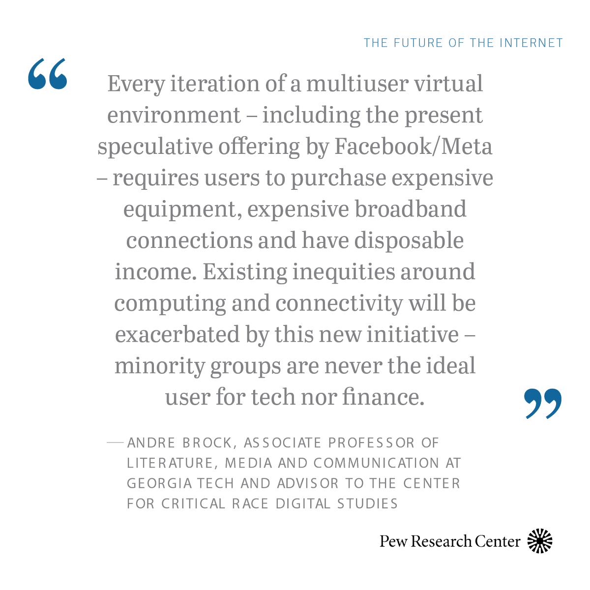 lrainie's tweet photo. Andre Brock (@DocDre) worries about more digital divisions as the metaverse arises. One of the experts cited in NEW @pewresearch @imagineinternet report about where the metaverse will stand in 2040 https://t.co/7vwfaQFTh6 https://t.co/JxxEtnrHVI
