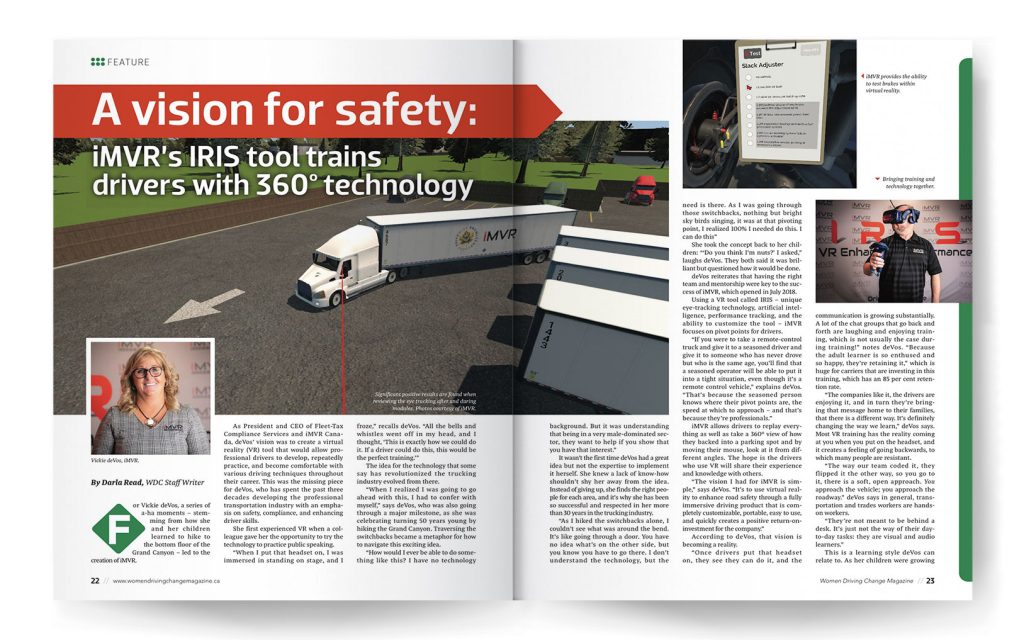 WomenDrivingMag's tweet photo. IN THIS ISSUE: A vision for safety: @iMVRCanada 's IRIS tool trains drivers with 360 degree technology.
Check out the article here: https://t.co/IiPf7xL5vT
#WomeninTrucking #Canada #iMVR #IRIS #Drivers #Training #Technology #WomenDrivingChange https://t.co/39WwDSBi9S