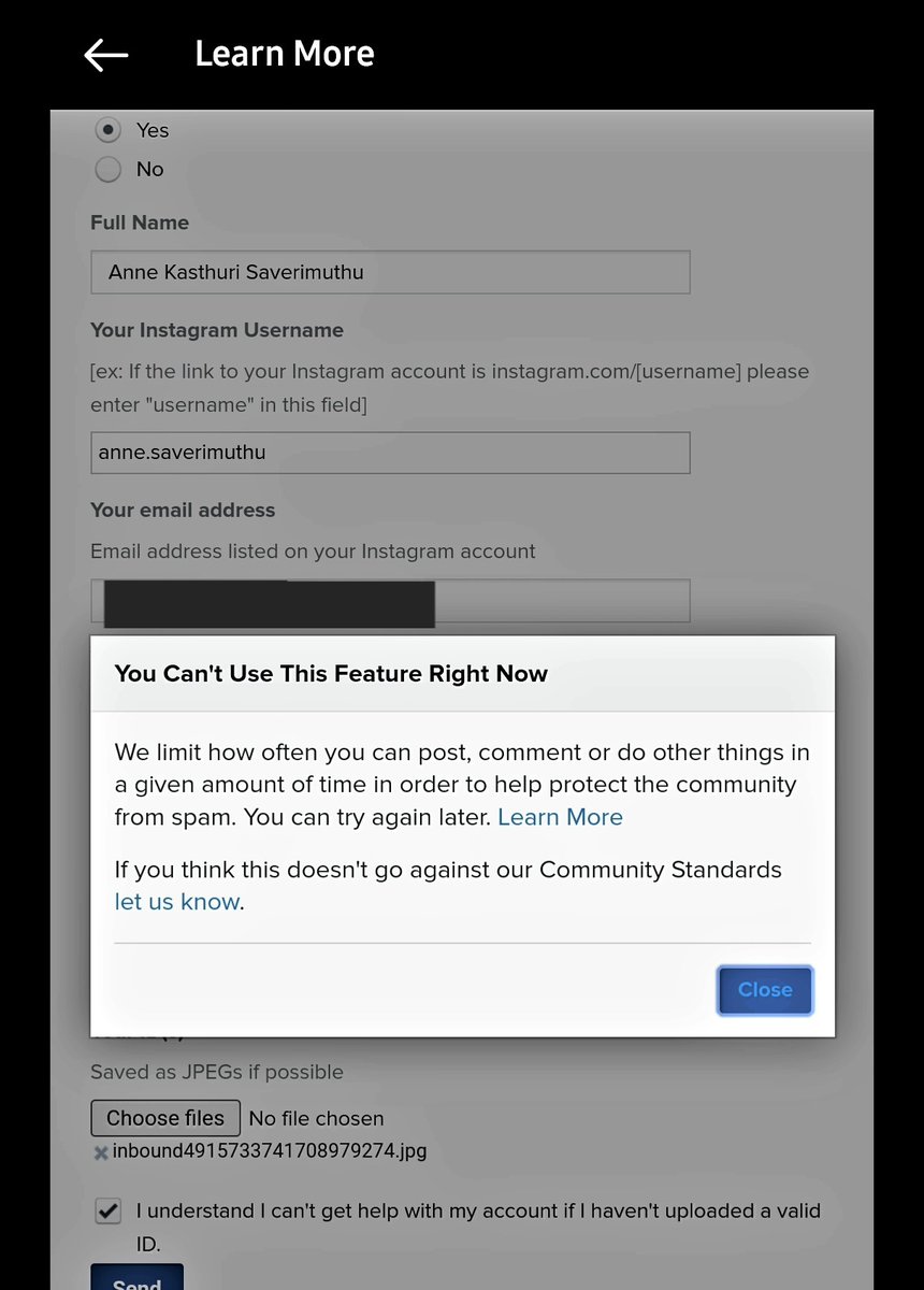 a_saverimuthu's tweet photo. @instagram @InstagramComms

My account got disabled because apparently I was impersonating myself which absolutely makes no sense so when I go to submit my ID to prove that it is in fact me I can't do that either. What exactly am I suppose to do here? https://t.co/wA2EHS5kSS