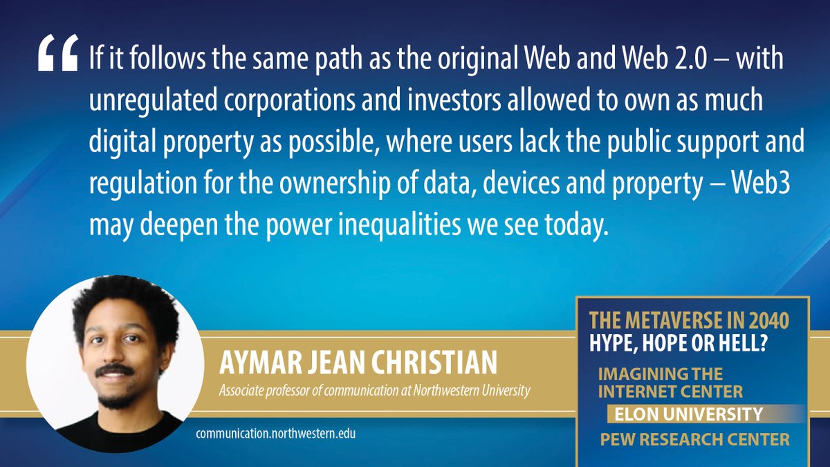 If it follows the path of the Web and Web 2.0, “Web3 will deepen inequalities,” – Aymar Jean Christian, @NU_SoC prof and @centerforcrds adviser, in the NEW @pewresearch @ImagineInternet #Metaverse in 2040 report. Read the entire report here: bit.ly/METAVERSEin2040