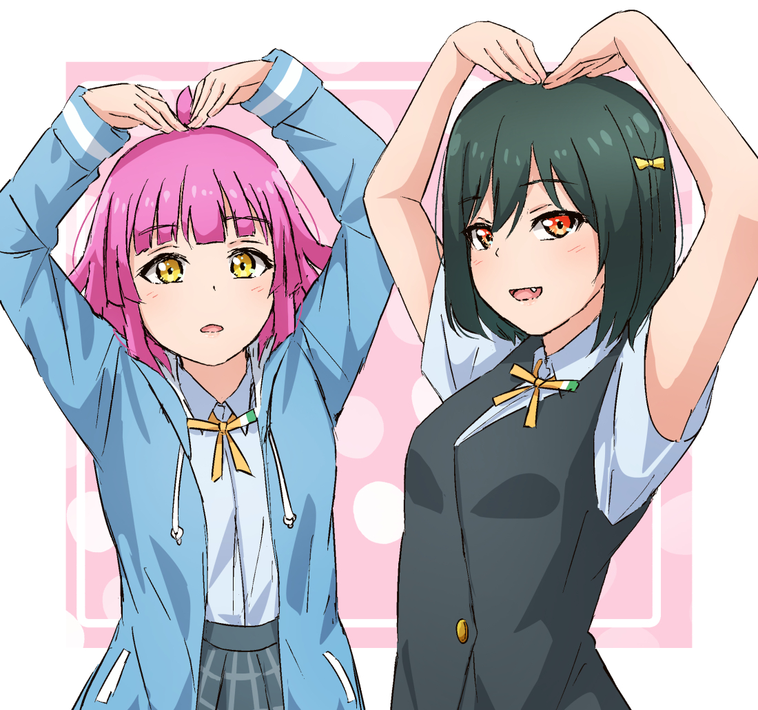 tennouji rina multiple girls nijigasaki academy school uniform 2girls school uniform dark green hair pink hair summer uniform  illustration images