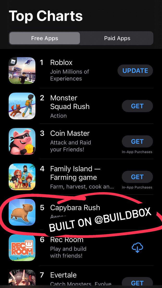 bruinengineer's tweet photo. Buildbox is back at the top of the @AppStoreGames with #Roblox and #RecRoom π
Check out the latest Top 5 hit #CapybaraRush from the @TapMenGames Games for free : https://t.co/rtfMfZgWNT
#buildbox #community #gamedevelopment #gamedev #gamesindustry #capybara #iphone #games https://t.co/iTJifCKitQ
