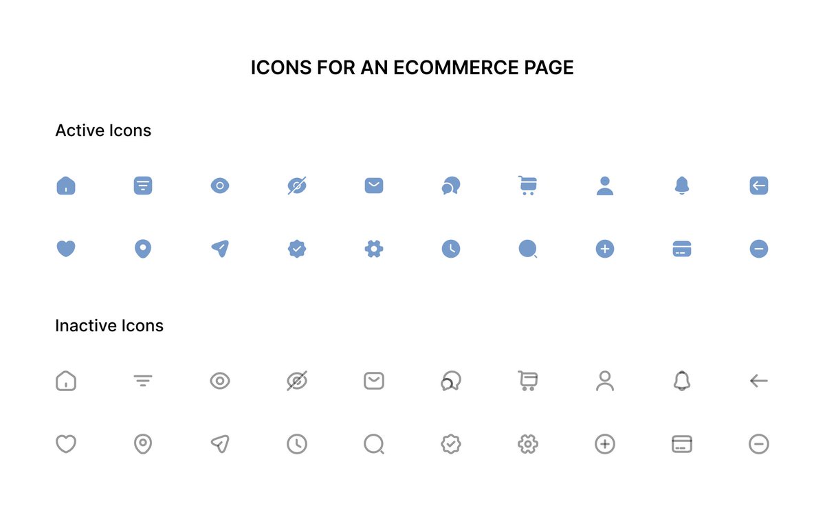 RJadesola's tweet photo. Icons are the undisputed magical visual expression!
Check out the icons you can use for your ecommerce page.
Love any of them? Let's recreate!
Day 19: Icons - Active & Inactive
#DesignWithElijahsmith
#My30daysOfUIChallenge
#uiux #uidesign #figma https://t.co/XI41dAtorb