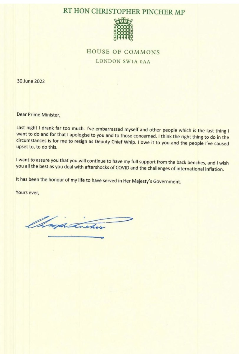 BethRigby's tweet image. NEW: Pincher resignation letter: “Last night I drank far too much. I’ve embarrassed myself and other people which is the last thing I want to do” Pincher apologises and resigns as deputy chief whip &amp;gt;&amp;gt; Clearly wants to draw a line under matter. Questions over whether he can