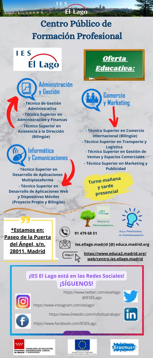 Os informamos que desde el miércoles 29 de junio hasta el miércoles 6 de julio, podéis realizar la solicitud en el proceso de admisión de los Grados Superiores que se imparten en el IES EL LAGO.
educa2.madrid.org/.../admision-e…...
Adjuntamos nuestra oferta educativa.