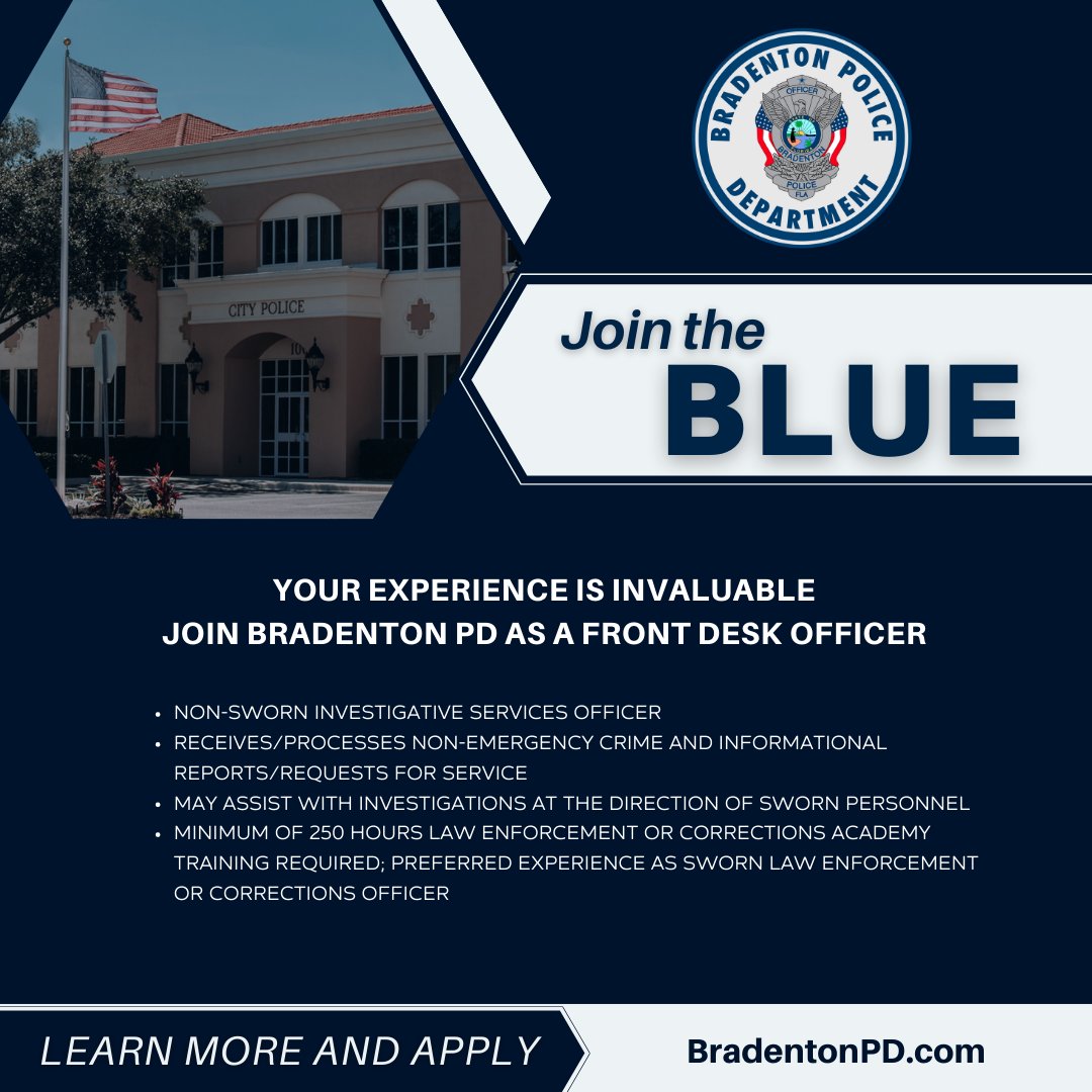 BradentonPD's tweet photo. #JoinTheBlue! We have several opportunities for civilians interested in joining a law enforcement agency, as well as experienced law enforcement/corrections officers. For full job descriptions please check out our website, https://t.co/IKdD4hw56N https://t.co/RumOhrj67w