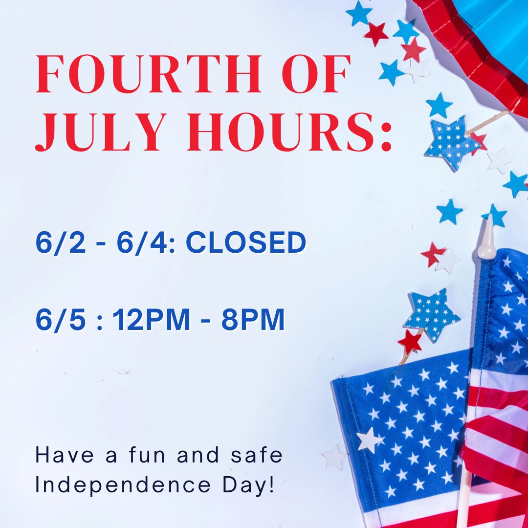 Heads up: we will be closed Fourth of July weekend! We’ll also open late Tuesday. Have a fun and safe Holliday!🎆