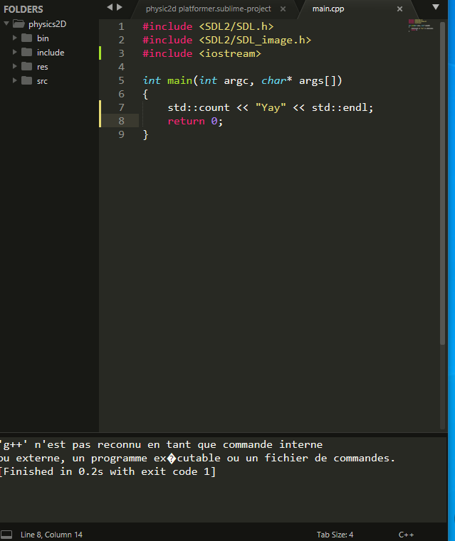 devs_matt's tweet photo. #gamedev #gamedevelopment #100DaysOfCode #100DaysOfCode #devops
#dev100 #developer #sdl #coding the problem comes when i lauch to test if all the SDL and commands are working but it tells me g++ insn't recognise. https://t.co/1kGmuu2zfN