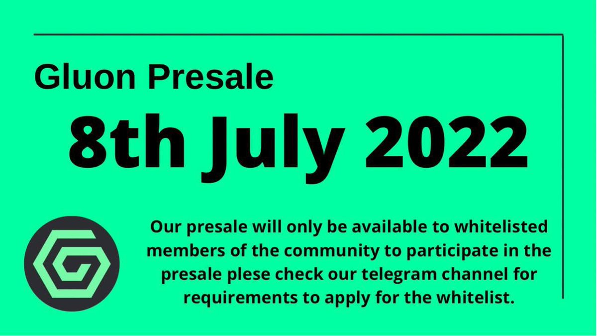 Very hyped on #GLUON  #BSC
Decentralized Fashion Marketplace🥇

- Presale 8th July💰
- Team fully doxxed✅
- Sustainable staking(up to 700%    APY)
- App coming soon📱
- Marketcap <50k$ at launch💹
📑 @gluonwlbot 

TG: t.me/gluonprojectch…
Website &amp; WP: gluonproject.io
