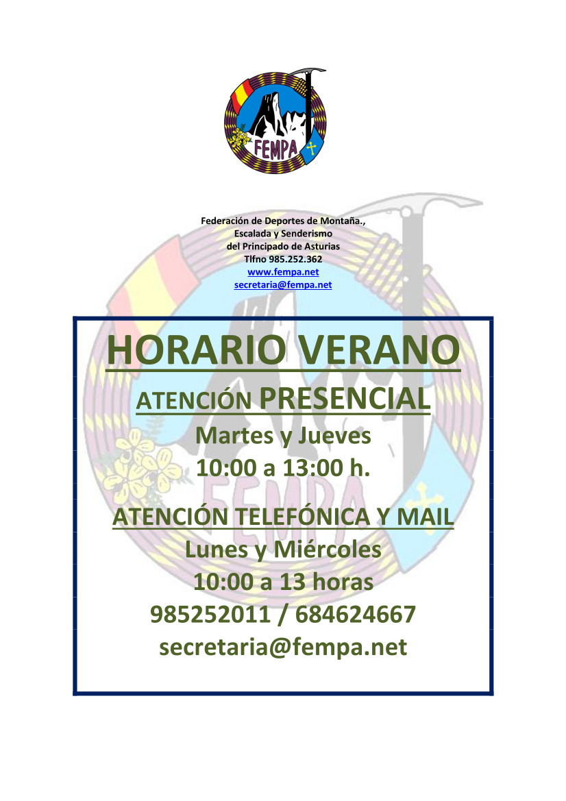 Os detallamos nuestro horario de verano que será:
👉Atención presencial:
Martes y Jueves
de 10 a 13 horas
👉Atención telefónica y mail
Lunes y Miércoles
de 10 a 13 horas

📲 Teléfono: 985 25 20 11 / 684 62 46 67
💻 secretaria@fempa.net
#HoraroVeranoFEMPA