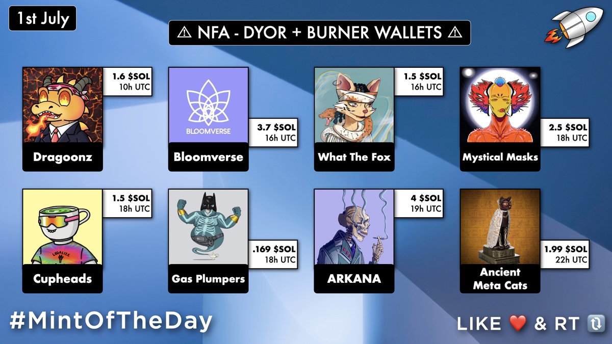 🔥 Tomorrow's Trending #SolanaNFT 🔥

10UTC・@NFTDragoonz・1.6 ◎
16UTC・<a href="/bloomverse/"></a>・3.7 ◎
16UTC・<a href="/WhatTheFoxNFT_/">What The Fox</a>・1.5 ◎
18UTC・@Mystical_Masks・2.5 ◎
18UTC・@cupheads_nft・1.5 ◎
18UTC・<a href="/SlowlanaLabs/">Slowlana Slugs</a>・.169 ◎
19UTC・<a href="/cyber_pharmacy/">Cyber Pharmacy 🧪</a>・4 ◎
22UTC・<a href="/AncientMetaCats/">Ancient Meta Cats</a>・1.99 ◎