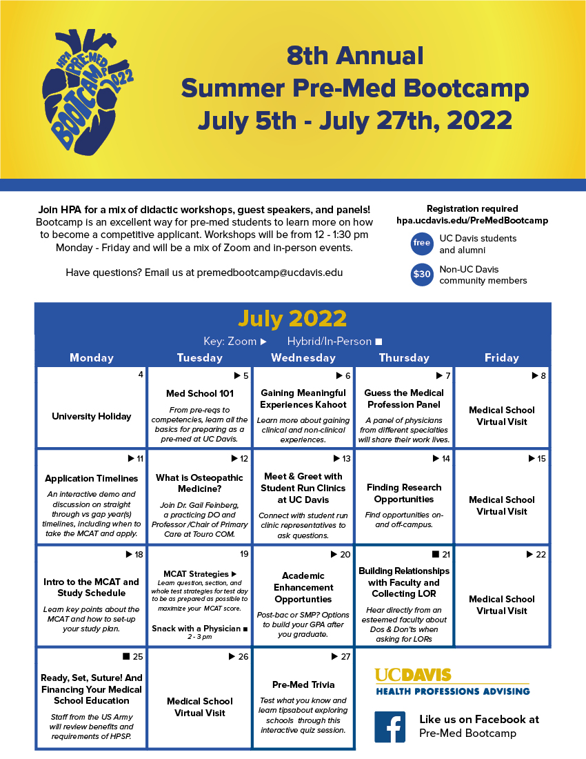 UCDHPA's tweet photo. Hybrid Pre-Med Bootcamp is less than a week away! HPA staff will be available for Bootcamp or general Pre-Med questions. Highlights: 4 virtual sessions with medical schools, Certificate of Completion, raffling test prep materials, Snack with a Physician https://t.co/B5p0rqrsco https://t.co/6ZqLXm0zXi