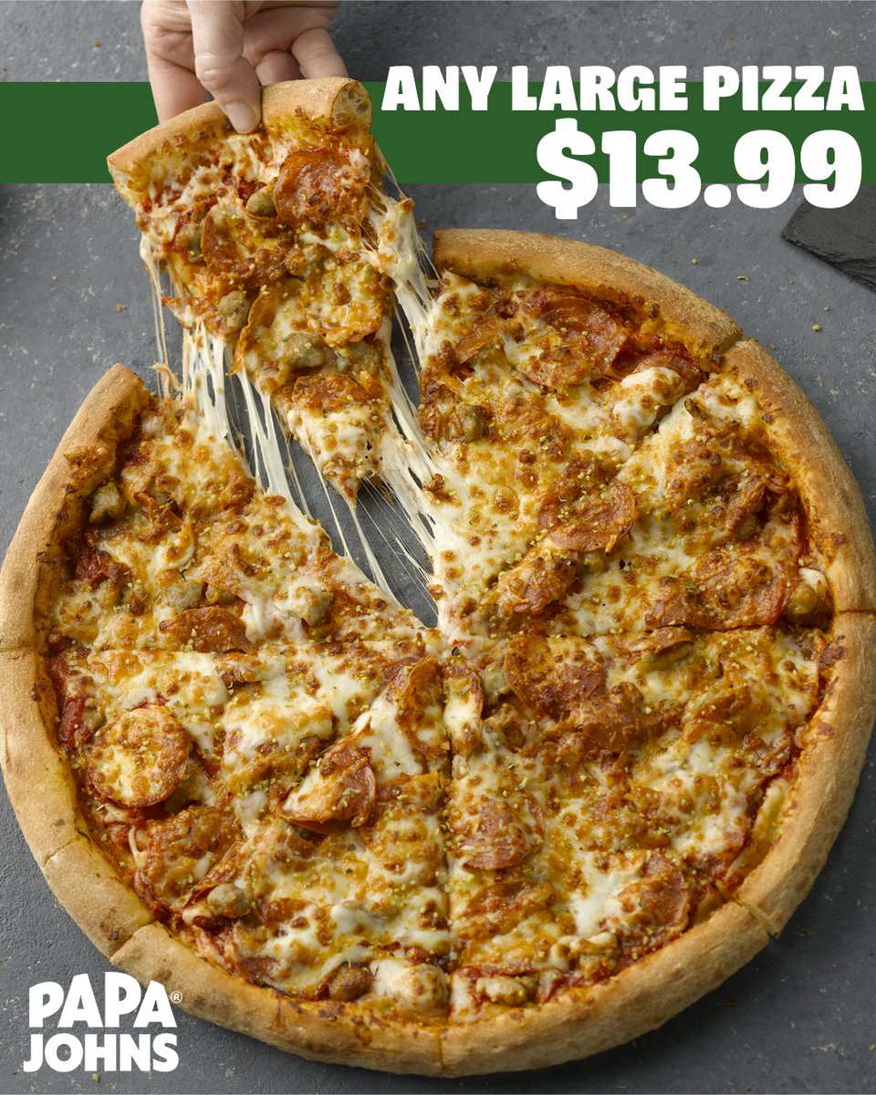 Any Large Papa Johns Pizza Just $13.99 Today! 

Use promo code: ANYLARGE when you order online at papajohns.com

#BetterIngredientsBetterPizza

#PapaJohnsofCentralOhio #PapaJohnsPizza