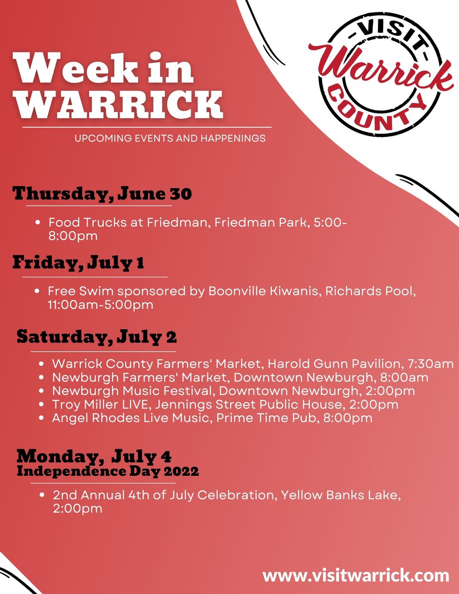 Kick the holiday weekend off tonight at Food Trucks at Friedman Park. Saturday is the first annual Newburgh Music Festival with entertainment all night long. Wishing everyone a safe and Happy Independence Day!