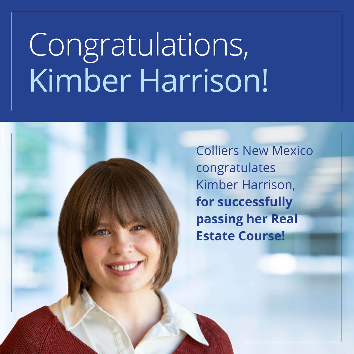 Colliers_NM's tweet image. Congratulations, Kimber Harrison, for completing your Real Estate Course successfully! Way to go!

#TeamCoordinator #RealEstateLicense #ColliersNM #CommercialRealEstate #CRE