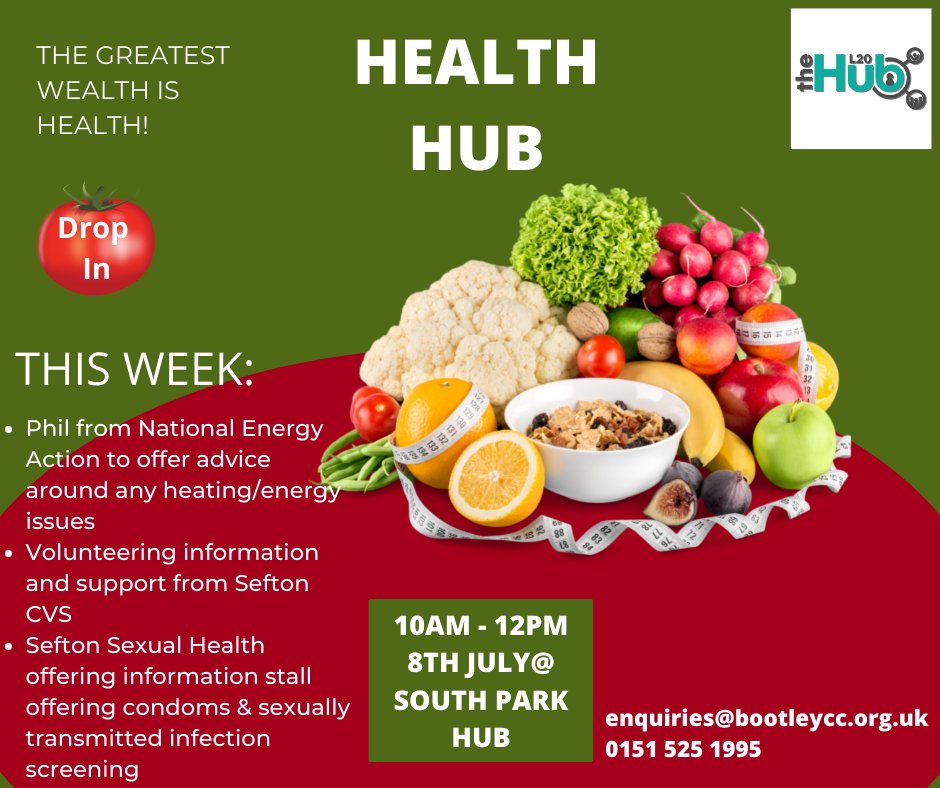 🥗 #HEALTHHUB 🥗 Fri 8th July, 10-12pm This week we have: #SeftonCVS to offer advice support with volunteering. #SeftonSexualHealth for sexual health advice. #NationalEnergyAction to offer energy saving advice. No need to book, just turn up! #healthiswealth #bootlecommunity