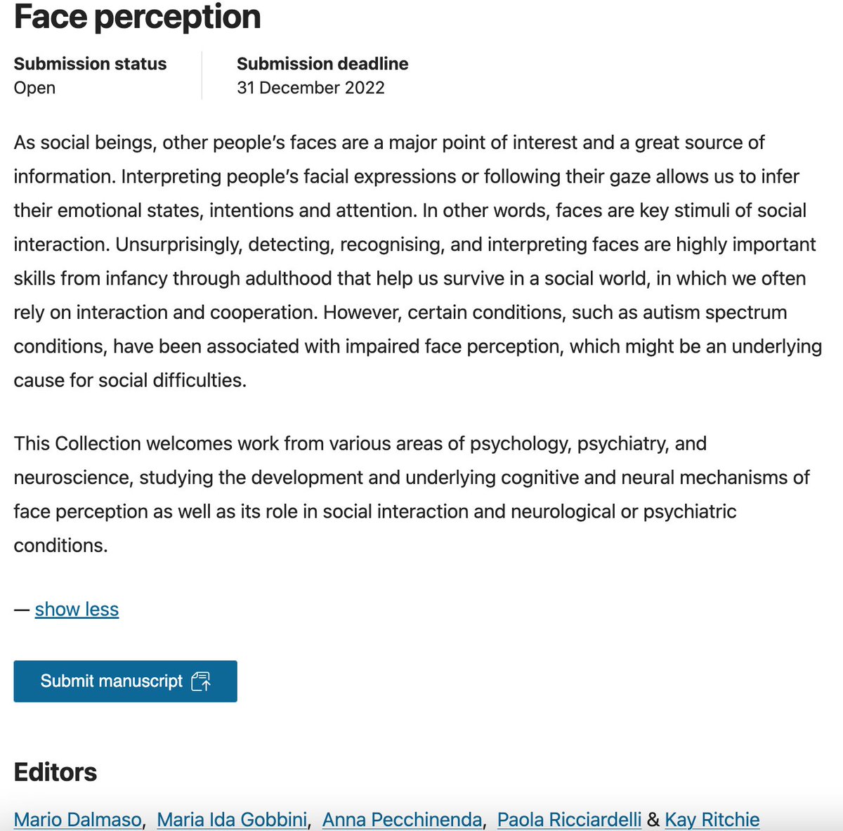 mariodalmaso's tweet photo. 📢 Scientific Reports is seeking submissions for a special issue on FACE PERCEPTION 🙂🙃😆🙄🤩😬

📅 Deadline: 31 December 2022

More info ⬇️ ...please RT 
https://t.co/KY984FhEGQ
@SciReports https://t.co/oWe6psn4uM