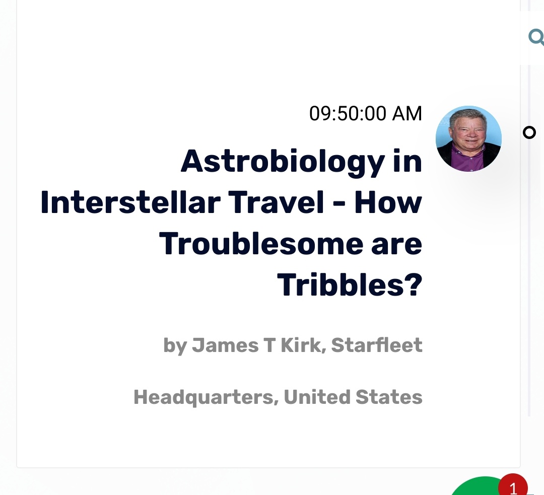 TomlinsonOwen's tweet image. My crowning achievement in academia....

I've convinced a fake astronomy conference that James T Kirk will present a keynote lecture.

I for one, am hoping they'll pay his travel expenses.

#AcademicTwitter #academiclife #fakeconference