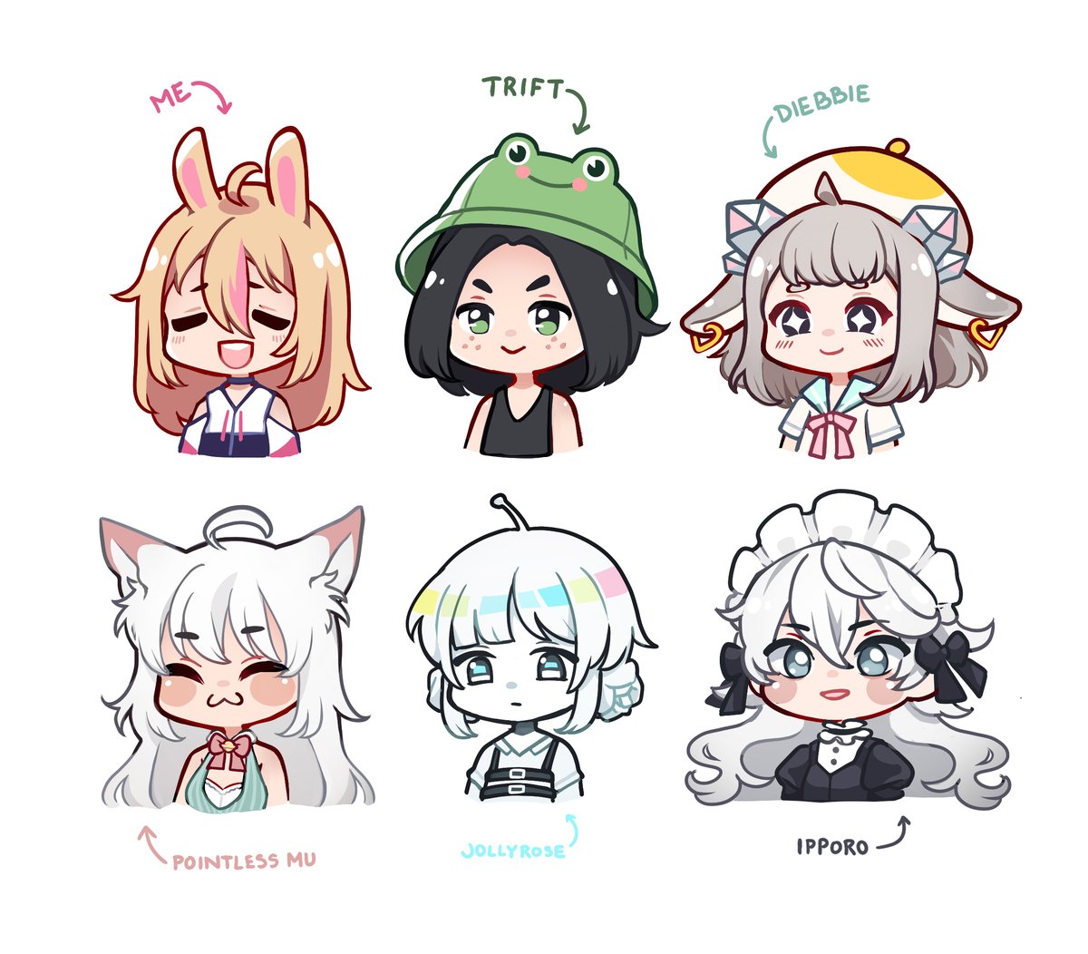 Cool people, I met on the way. <a href="/ThriftshoppinTV/">Thrift</a> <a href="/diebbiedraws/">Debbuwu</a> <a href="/PointlessMuvu/">PointlessMu ♡ VTuber Muvu ♡</a> <a href="/jollyrose_art/">jollyrose ✨</a> <a href="/ippus/">Ippus ✧ 이나영 ✦ ✦ Return to Hibernation</a> 

I wanted to draw some simple chibis for a while, but now I finally came to do it! :>