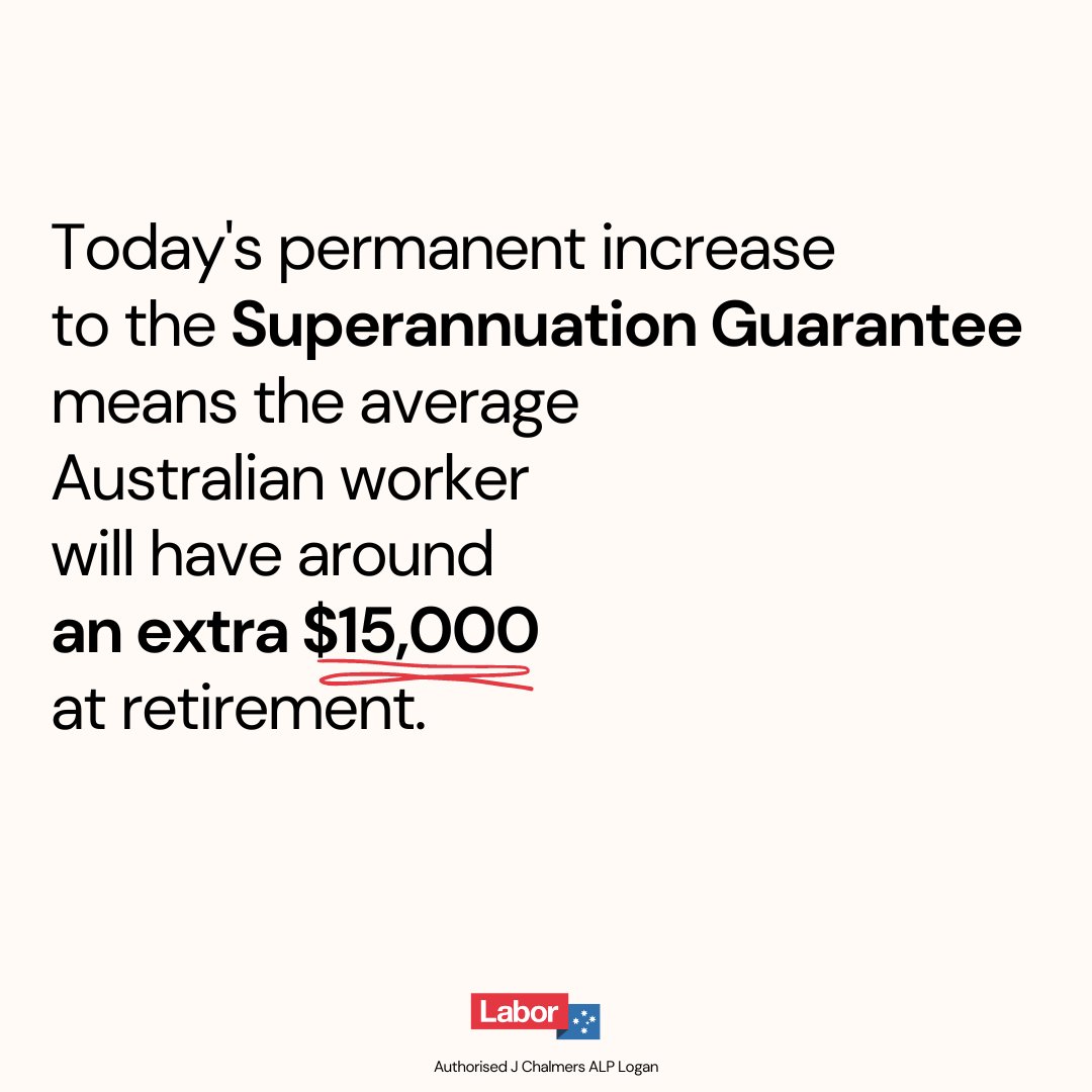 Today the Superannuation Guarantee rises from 10% to 10.5%, increasing most workers’ super balances at retirement by around 3%. @AustralianLabor built Australia’s super system, we’re proud of it, and we’ll always fight to strengthen it. #auspol