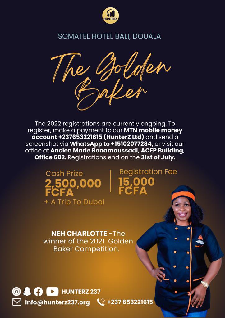 missginapromote's tweet photo. Who will be the Golden Baker 2022?  Registration is currently ongoing. 

Please Tag Bakers you know and kindly spread the word. 

👉🏾 @hunterz237 

For more information, Call: +237 653221615
WhatsApp: +1 (510) 207-7284

#Buea #Limbe #Douala #Yaounde #Cameroonians  #Bamenda https://t.co/zLamTooEWT