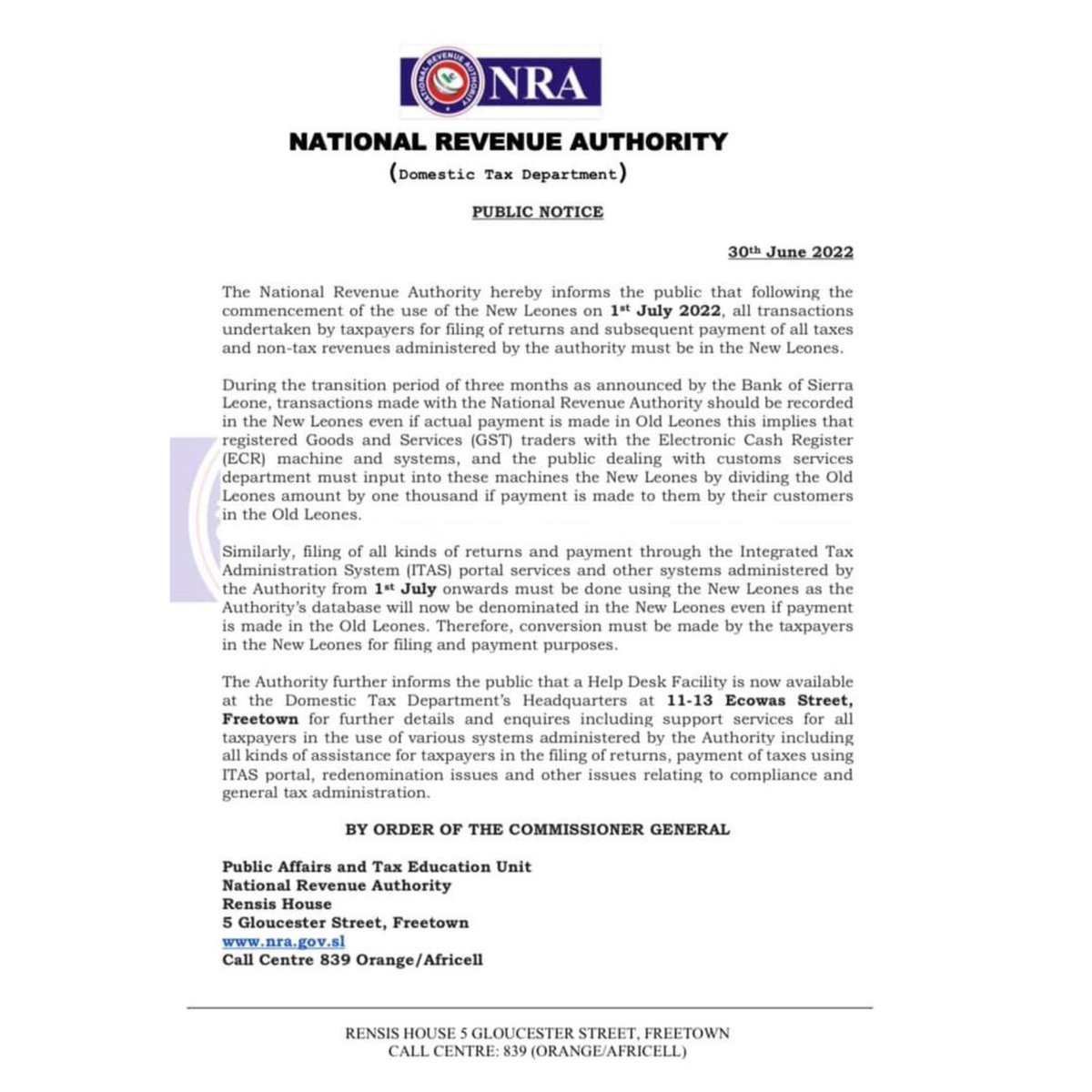 TheBettsFirm's tweet photo. Effective 1st July 2022, all transactions undertaken by taxpayers for filing of returns and subsequent payment of all taxes and non-taxes administered by the NRA must be in the New Leones.
#Redenomination https://t.co/Vni9cVSrYt