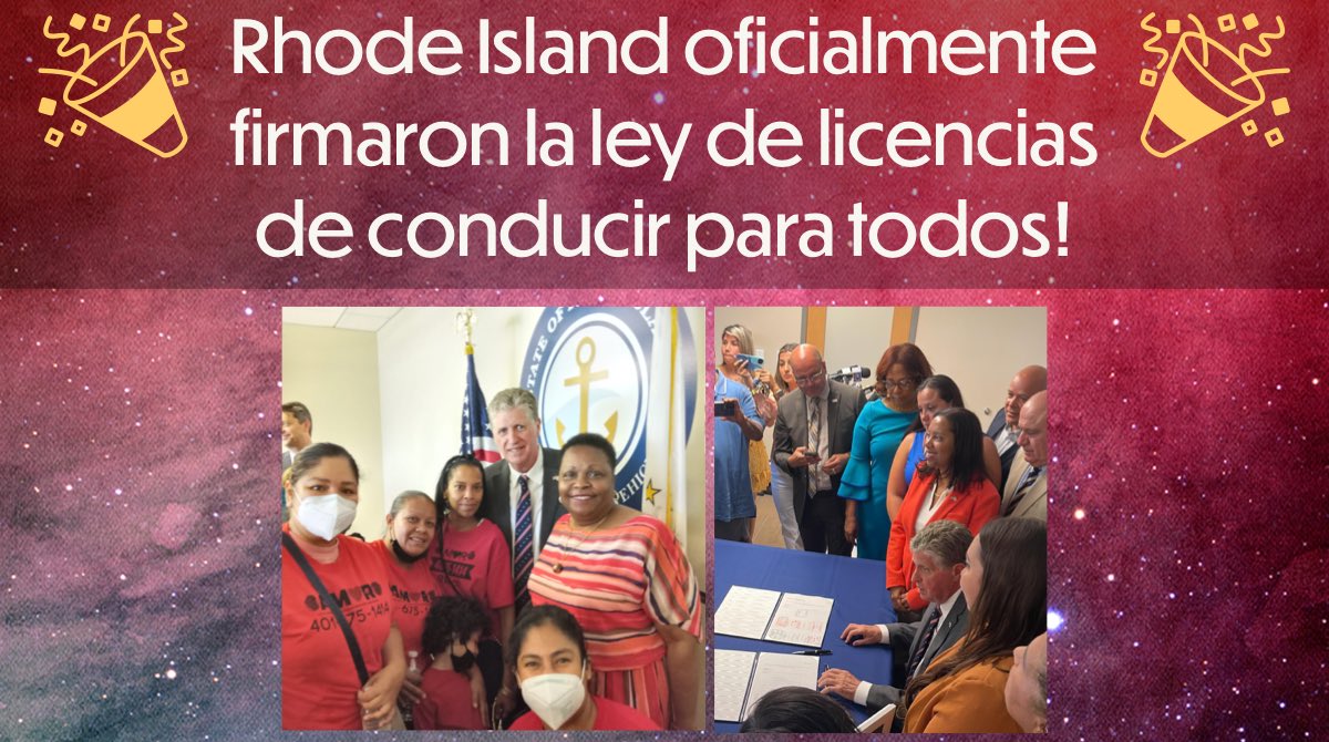 amornetwork's tweet photo. ¡Hoy, el gobernador de RI promulgó la ley Licencias de conducir para todos (sin importar estatus migratorio)! Estamos muy orgullosos de esta comunidad por no rendirse. ¡Cuando luchamos, ganamos! #JuntosNosCuidamos #LicenciasParaTodos https://t.co/ThUaS0aKia