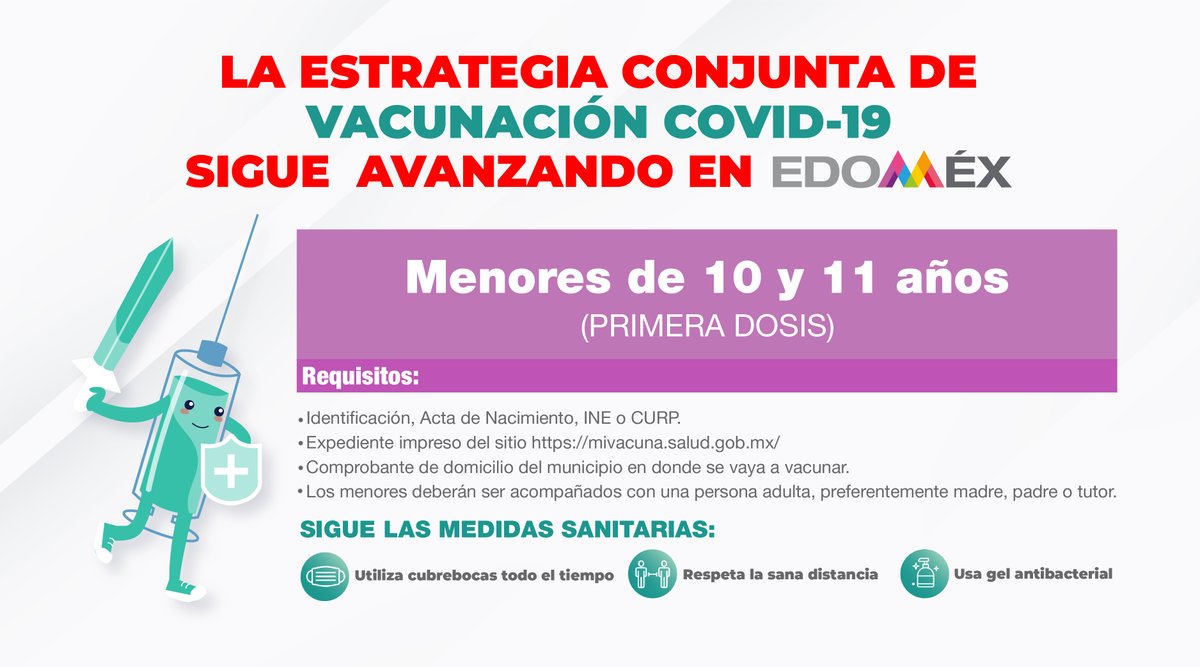 #QueNoSeTePase | La #EstrategiaDeVacunación 💉 a menores de 10 y 11 años en el #Edoméx continúa.
Conoce las fechas y sedes en  👉 edomex.gob.mx