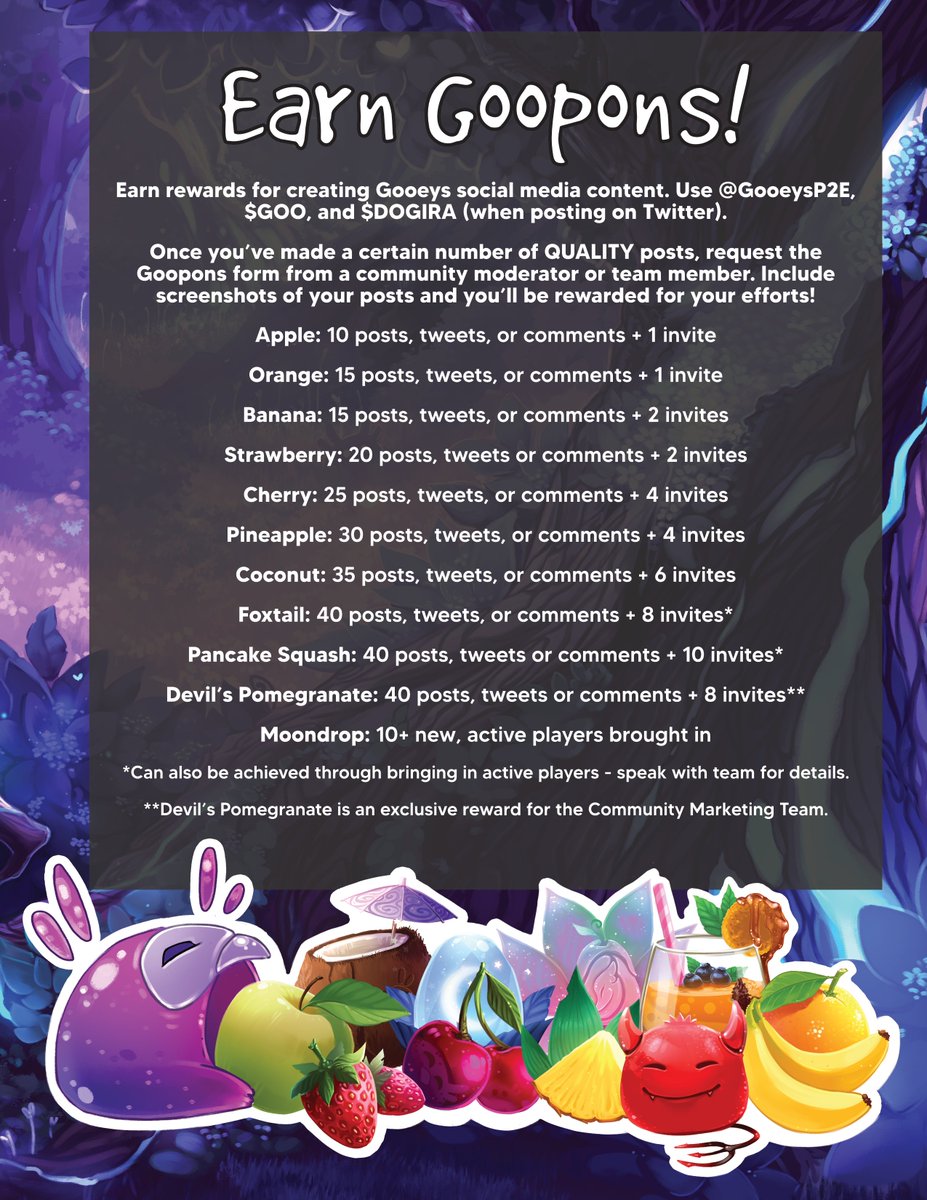 Goopons! Get your Goopons! 

Remember, if you want to earn #free Fruit #NFTs from tweeting about our game, head over to our Telegram group (link in bio) and ask for the Goopons form. 

Check out this handy guide to get started...

$GOO $DOGIRA #P2E