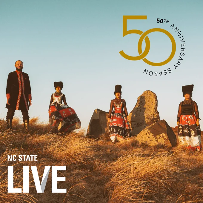 DakhaBrakha stands in red and white outfits in a rocky hay field. The 50th anniversary season is in the top right hand corner, the NC State LIVE logo is in the bottom left hand corner. Photo by Andriy Petryna.