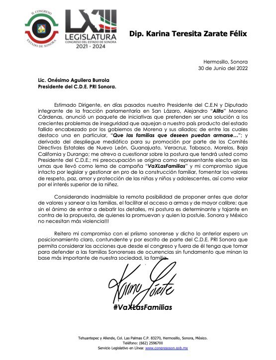 KarinaZarateF's tweet photo. Solicito @BurrolaOnesimo aclarar la postura del CDE PRI en Sonora ante la ocurrencia del CEN de armar a las familias, #NOmásviolencia #VaXlasFamilias https://t.co/3yjXvJlk9j