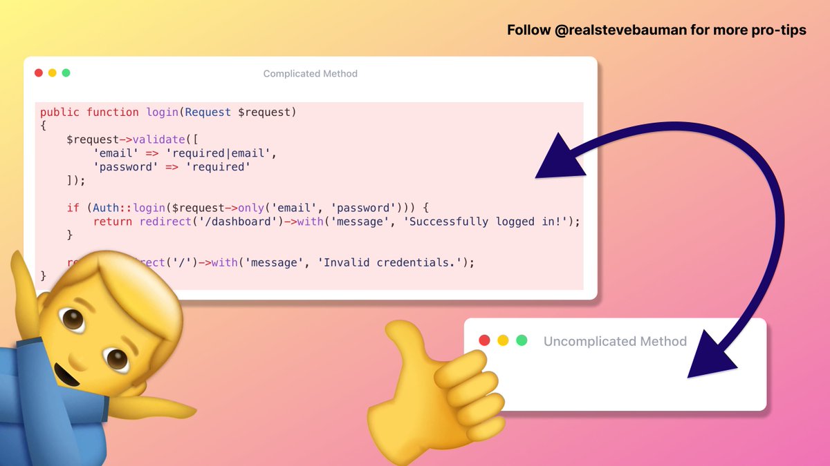 stevebauman's tweet photo. If you’re stuck on refactoring a piece of complex code, you should consider deleting the code to reduce complexity. #protip #masterprogrammer https://t.co/hAebcBBSWu