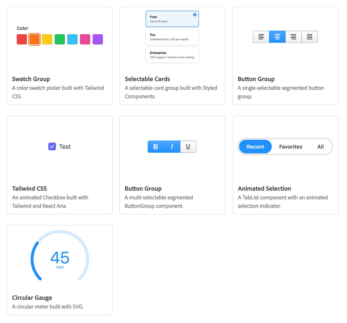 devongovett's tweet image. Started working on adding more styled examples to the React Aria docs! Each one links to a CodeSandbox, and demonstrates various styling techniques and patterns using our hooks. 🎨

Today I added examples to RadioGroup, Checkbox, CheckboxGroup, Tabs, and Meter. Lots more to come!