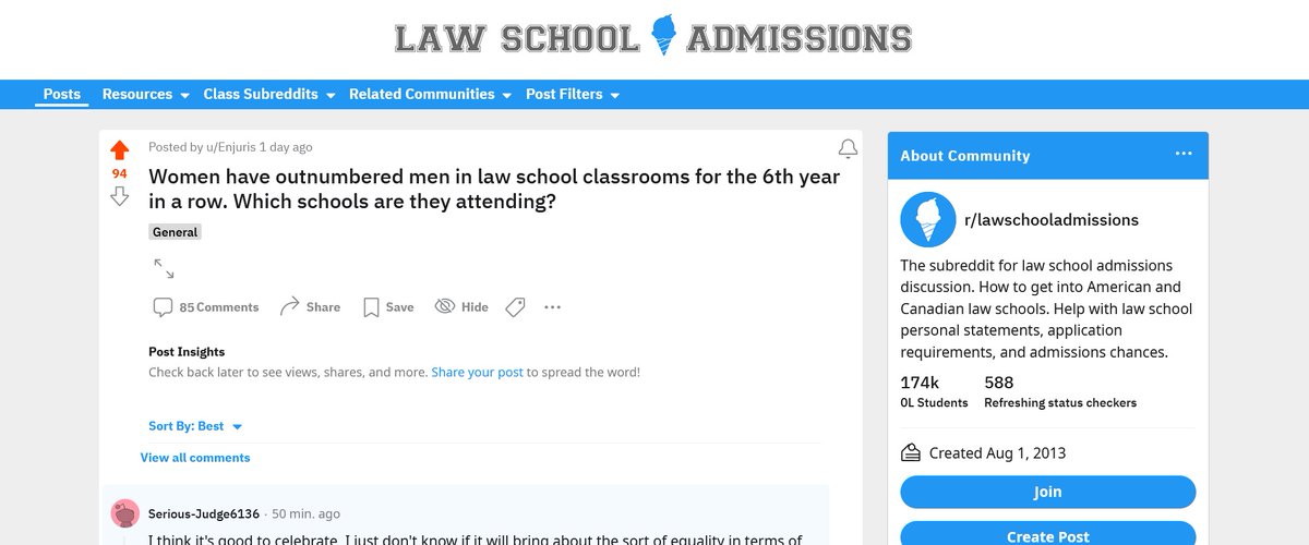 enjuris's tweet image. Law school applicants are carrying on an interesting debate in response to our recent report about where women go to law school. 

Read the report here: buff.ly/3HQQrxW

And join the debate here: buff.ly/3NDC3u1

 #lawschool #reddit #lsat