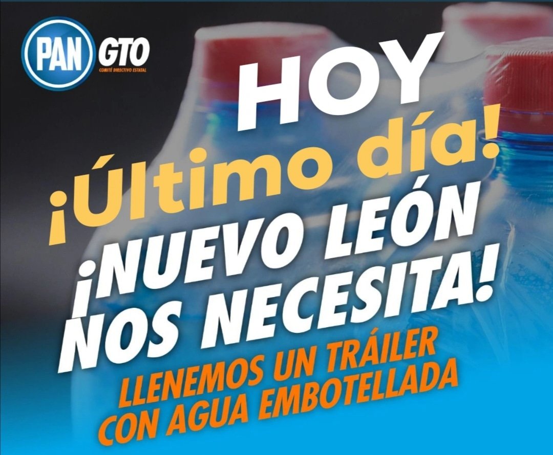¡Todavía alcanzas! 🏃‍♀️

Seguimos siendo puntos de recolección, tanto el comité directivo estatal, como los 46 comités muncipales del <a href="/PANGuanajuato/">PAN CDE Guanajuato</a> en todo el estado.

La meta es enviar un tráiler 🚛 lleno de agua #DeGtoConAmor para #NuevoLeon 💙☺️✌️