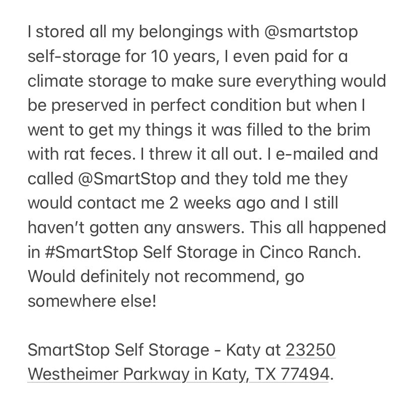 lilianasoto1966's tweet photo. Your service is horrible ! @SmartStopCorp #smartstopselfstorage
SmartStop Self Storage - Katy at 23250 Westheimer Parkway in Katy, TX 77494. https://t.co/l2Ksw0LKQ6