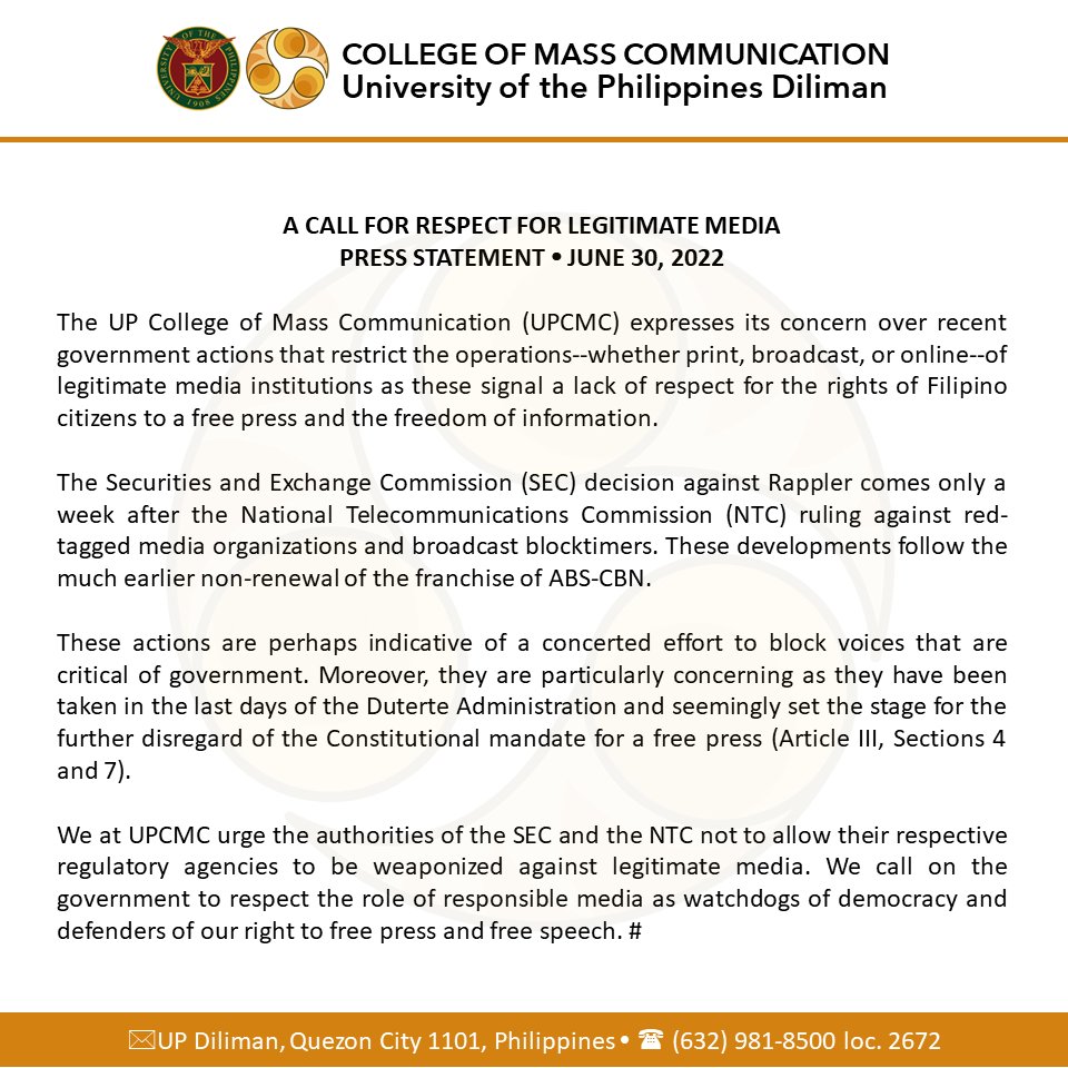 READ: In a statement today, the UP College of Mass Communication expressed concern over government actions that restrict media outfits in the country, as it signals a 'lack of respect for the rights ... to a free press and the freedom of information.' #DefendPressFreedom