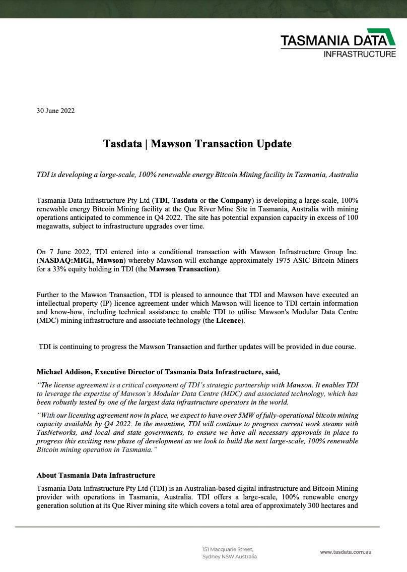 TDI_tasdata's tweet photo. The license agreement is a critical component of $TDI's strategic partnership with @bigdigital, enabling TDI to leverage the expertise of Mawson’s existing #technology, which has been robustly tested by one of the largest data infrastructure operators in the world. #Bitcoinmining https://t.co/X9aUy1HjSk