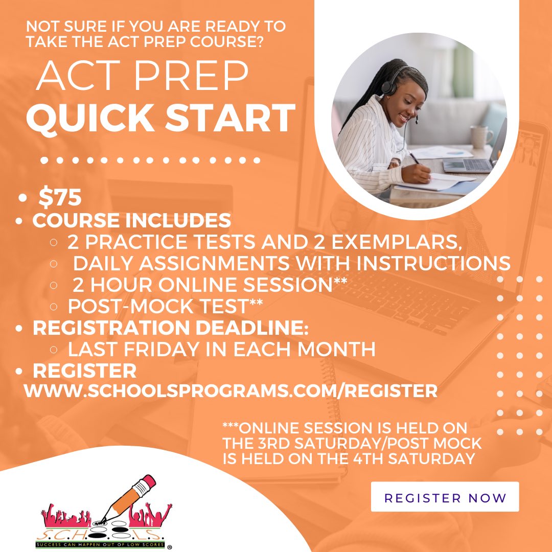 Need a refresher? 

Ready to prep for the full ACT Prep course? 

Introducing ACT Prep Quick Start! 

👇🏾Click the link below to register today! 

schoolsprograms.org/register