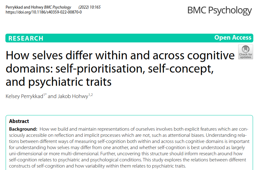 Are you interested in cognitive processes related to the self or dimensional approaches to psychiatric conditions? You might be interested in my new paper with <a href="/hohwy/">Jakob Hohwy</a> and out now in #BMCPsychology! <a href="/Monash_M3CS/">Centre for Consciousness & Contemplative Studies</a> <a href="/Monash_Arts/">Monash Arts</a> <a href="/cogphillab/">Cognition and Philosophy Lab</a>   bmcpsychology.biomedcentral.com/articles/10.11… A 🧵… 1/7