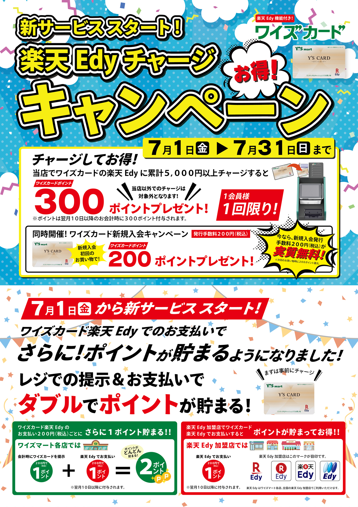 ワイズマート 公式 今日から新しいサービスが始まっています ワイズカード の楽天edyにチャージしてから 買物で楽天edy支払するとダブルでポイントが貯まるようになりました また １回限りとなりますが ７月中に累計で5千円以上のチャージで300