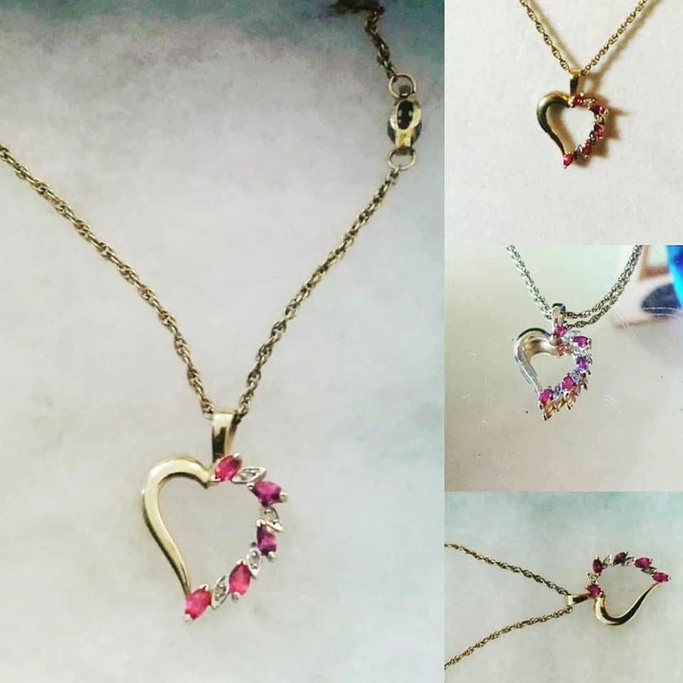 #etsy shop:Necklace 14kt Heart, Rubies,Diamonds etsy.me/3bIYaCl #anniversary #heart #lovefriendship #ruby #goldheart #goldheartpendant #rubybirthstone #julybirthstone #heartpendant #heart #fourteenktgold #ruby #diamond #signedJJ #marquise #artglass #giftoflove