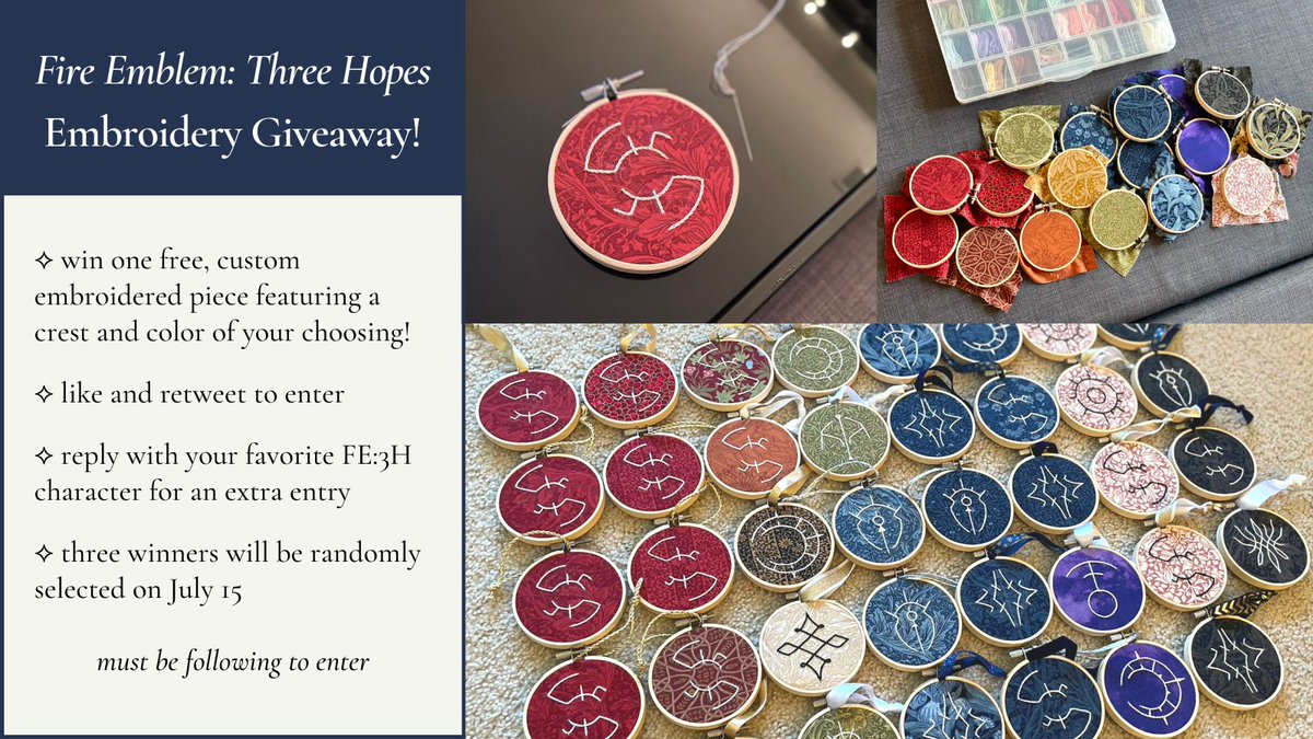 ✨EMBROIDERY GIVEAWAY✨ to celebrate the release of #FireEmblemThreeHopes, I'm giving away three custom embroidered crest pieces! details on how to enter below 🪡🧵
