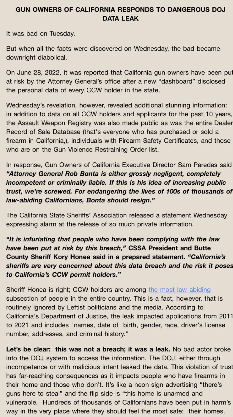 Gun Owners of CA on Twitter "Gun Owners of California Responds To Dangerous DOJ Data Leak. Sign