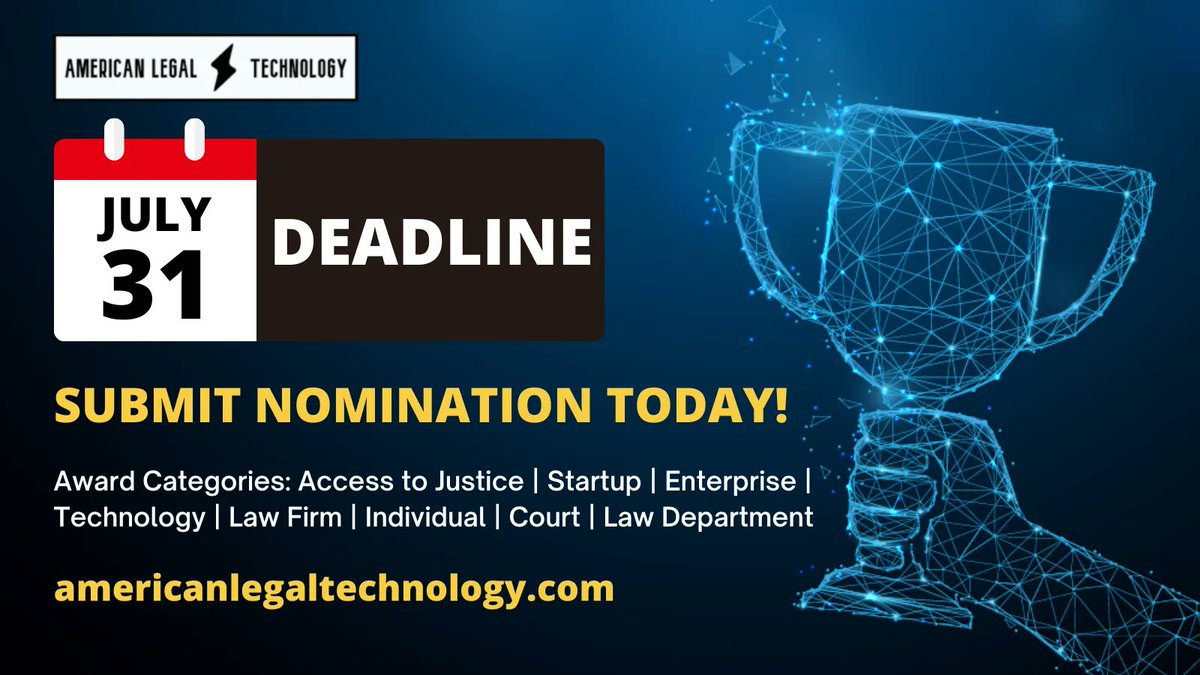 ⏱️ Get recognized for legal innovation! Only 5 minutes to fill out form. Cut off is July 31, 2022. Deadline will not be extended this year! Link --&gt; buff.ly/3Fa6Lsa
@araglegal <a href="/goclio/">Clio</a> @gngfound @mycaseinc @palacelaw <a href="/inspiredcat/">Cat Moon</a>
#legaltech #lawtwitter #legalhack